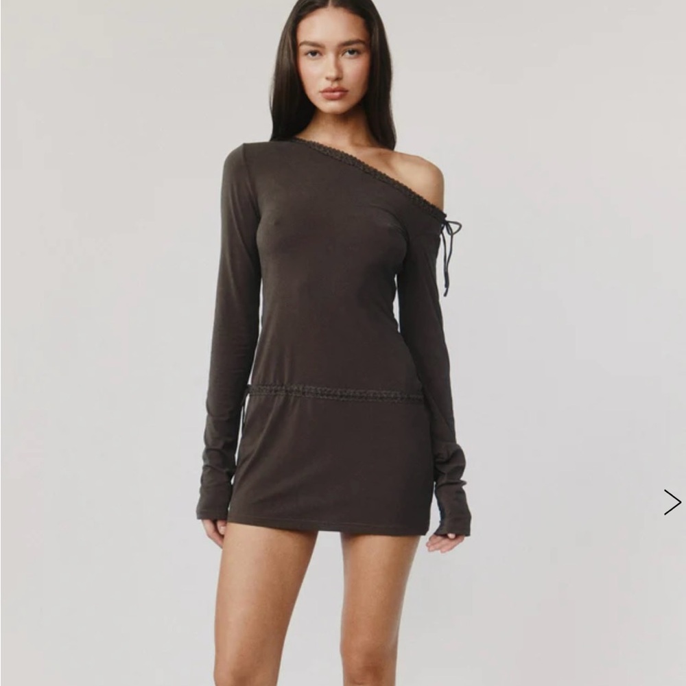 With Jean One-Shoulder Long Sleeve Mini Dress in Dark Brown